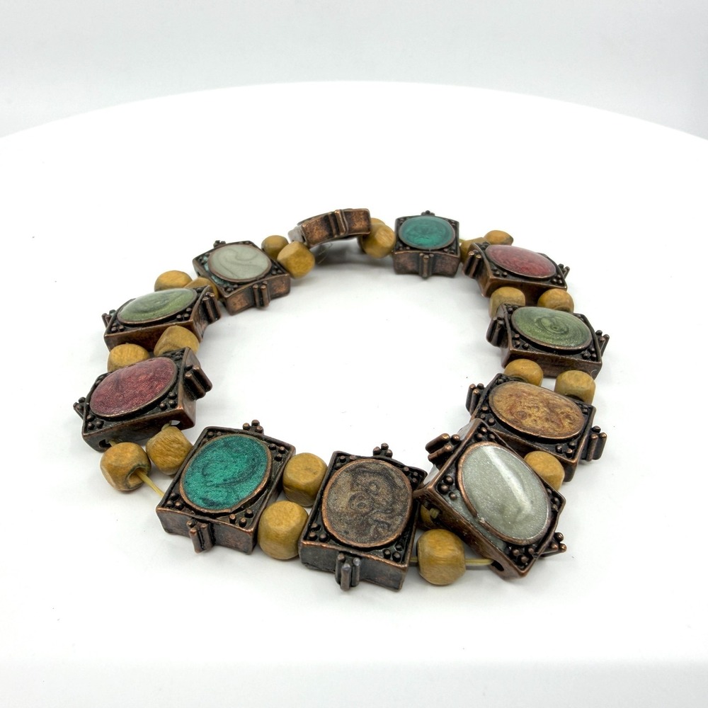 Multicolored Cameo-Style Metal and Wood Bead Stretch Bracelet Boho Jewelry Gift